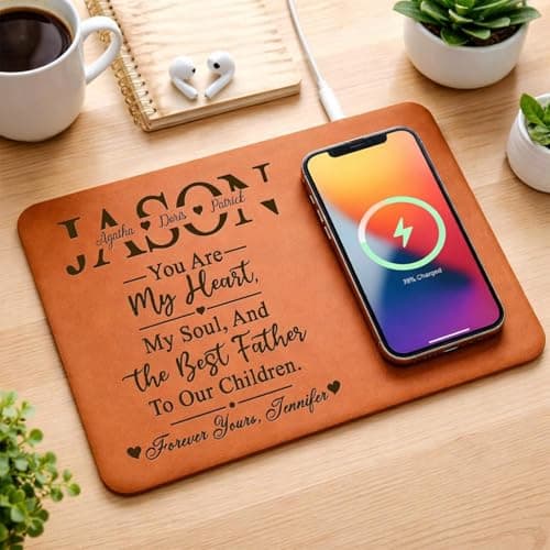 Custom Desk Mat, Personalized Leather Charging Mat for Dad, Father’s Day Gift, Gift for Husband Boyfriend Papa, Dad Office Decor
