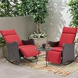 HOMREST Outdoor Recliners Set of 2, Wicker Rocking Chairs with Extended Footrest & Removable Cushion for Patio, Porch Balcony Lounges for Porch Garden, Burgundy