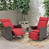 HOMREST Outdoor Recliners Set of 2, Wicker Rocking Chairs with Extended Footrest & Removable Cushion for Patio, Porch Balcony Lounges for Porch Garden, Burgundy