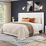 AMERLIFE Queen Bed Frame, Upholstered Platform Bed with Corduroy Headboard, Easy Assembly Modern White Bed Frame with Wooden Slats Support, No Box Spring Needed, 8" Under-Bed Storage Clearance, Cream