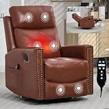 GOWE Red Genuine Leather Heat Massage Manual Recliner Chair with Rocker and Swivel for Living Room