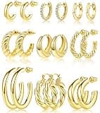 Adoyi Gold Hoop Earrings Set for Women Girls Trendy 14K Plated Gold Hoops Small Chunky Earrings Twisted Huggie Ear ring Pack Lightweight 9 Pairs Jewelry Set for Valentines Mother's Day Birthday Gifts