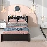 GENTERUN Full Size Solid Wood Trundle Bed with Bookcase Headboard and Pull-Out Trundle, No Box Spring Needed, Space-Saving Daybed for Kids, Guest Room, Bedroom, Espresso (Espresso)