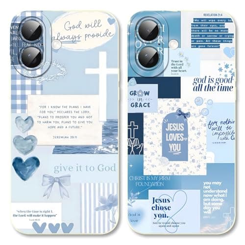 NBCDSUJ 2 Pack Bible Verse Phone Case for iPhone 17 6.3", Jesus Bow Heart Blue Pattern Aesthetic Design Cases Soft Silicone TPU Slim Shockproof Protective Bumper Phone Cover for Women Children