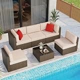 Shintenchi 6 Pieces Patio Furniture Sets Outdoor All-Weather Sectional Patio Sofa Set PE Rattan Manual Weaving Wicker Patio Conversation Set with Glass Table&Ottoman Cushion and Red Pillows, Beige