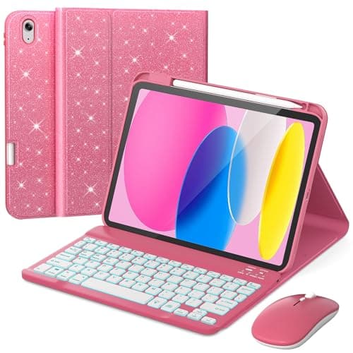 RAYMCRAFT for iPad 11th (A16, 2025) / 10th Generation Case with Keyboard, Mouse and Detachable Wireless Keyboard, 7-Color Backlight, Slim Case with Pencil Holder, Sparkling Pink