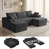 NABUMI 107" Modular Sectional Sofa with Storage, 5-Seater High Density Foam Boneless Couch with Ottoman, 27" Deep Corduroy Oversized Cloud Couch for Living Room, Tool-Free Assembly, Dark Gray