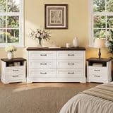 AODK 3-Piece Dresser and Nightstand Set, Farmhouse 6-Drawer Dresser +2 * 2-Drawer Nightstands, Bedroom Furniture Set, Rustic White & Dark Walnut