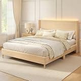 Torana King LED Bed Frame, Faux Leather Platform Beds with Wingback Headboard, Upholstered Bedframe with Light Oak Wood Grain Printed Finish, No Box Spring Needed, Wooden Slats Support