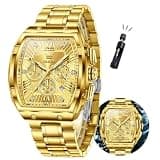 OLEVS Gold Watches for Men Luxury Large Face Rectangle Square Wrist Chronograph Waterproof Mens Watches Fashion Stainless Steel Dress Luminous Quartz Analog Moon Phase Calendar Relojes para Hombres