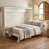 Elbionlife Queen Size Horizontal Murphy Bed Cabinet with USB Charging Station, Wood Farmhouse Murphy Wall Bed Frame with Slats, Space-Saving for Guest Room, Home Office, White