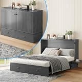 PUREMIND Queen Murphy Bed with Mattress Included, Folding Convertible Bed, Hideaway Cabinet Bed with Storage Drawer & USB Charging Station, Space Saving Wallbed for Small Spaces, Gray