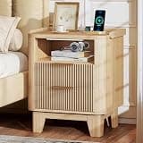 Baoz Oak Fluted Nightstand with Drawers & Charging Station for Bedroom