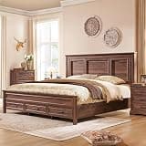 ACCOHOHO Farmhouse King Size Bed Frame with 52" Tall Headboard & Footboard, King Platform Bedframe with Storage Drawers, Wood Panel Bed Base, No Squeak, No Box Spring Needed, Brown