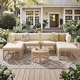SONDERVIBE 7 Pieces Outdoor Patio Furniture, All-Weather Rattan Sectional Sofa Set with Thick Cushions and Pillows, Freely Combined Conversation Sets for Garden, Backyard, Balcony, Brown