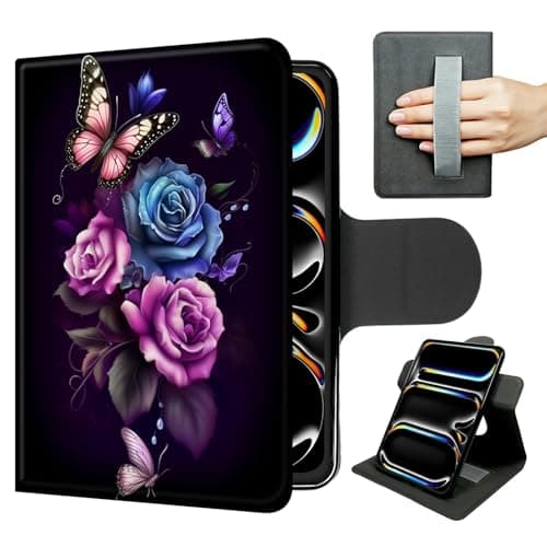 PU Leather Case for iPad Pro 12.9 Inch 6th/5th/4th Gen(2022/2021/2020 – Slim 360° Rotating Stand with Hand Strap, Auto Sleep/Wake, Magnetic Closure,Butterfly Rose Flowers