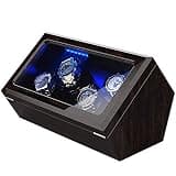 High End Watch Winder for 4 Watches with Soft Flexible Watch Pillows, Blue Led Light, Open and Shut Down Featured, Pine Bark Pattern