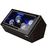 High End Watch Winder for 4 Watches with Soft Flexible Watch Pillows, Blue Led Light, Open and Shut Down Featured, Pine Bark Pattern