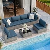 7 Piece Outdoor Patio Furniture Set,Silver PE Rattan Wicker Sectional Sofa, All Weather Conversation Set with Washable Cushions & Glass Coffee Table for Backyard Poolside Garden Porch,Navy Blue