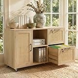Lateral File Cabinets for Home Office with Wheels, 2 Drawer and Doors Filing Cabinet with Lock, Wide Rattan Filing Organization Storage Cabinets with Printer Stand for Hanging File Size, Natural Wood