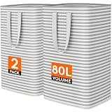 Lifewit 2 Pack Laundry Basket 80L Each, Collapsible Clothes Hamper with Reinforced Handles, Freestanding Waterproof Design for Bedroom and Laundry Room, Grey 160L Total