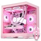 Panorama Prebuilt Gaming PC W/ Mouse, AMD Ryzen 7 5700X, Radeon RX 9060 XT 16GB, 32GB DDR4 RAM, 1TB NVMe + 1TB SATA SSD, 240mm AIO Liquid Cooling & 7 RGB Fans, Windows 11 Desktop Computer, Pink