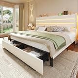 HUAHUU Queen Bed Frame with Storage, Velvet Upholstered Queen Size Upholstered Headboard with LED Light & Charging Station, Platform Bedframe with Drawers, Metal Slats, White