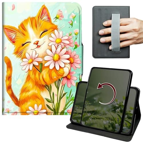 Dikoer Case for Samsung Tab A11 8.7" 2025/Galaxy Tab A9 8.7 Inch 2023, 360 Degree Rotation Lightweight PU Leather Stand Cover with Hand Strap for Women Men Business Travel, Cute Cat Flower