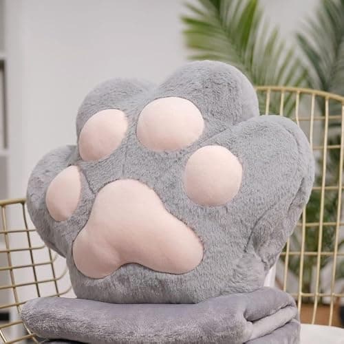 Cat Paw Pillow and Blanket 2-in-1, Ergonomic Nap Pillow with Soft Plush for Neck & Back Support, Hand Warmer Pocket, Portable Travel Pillow & Blanket Set for Office(Gray-1,Throw Pillow+Blanket)
