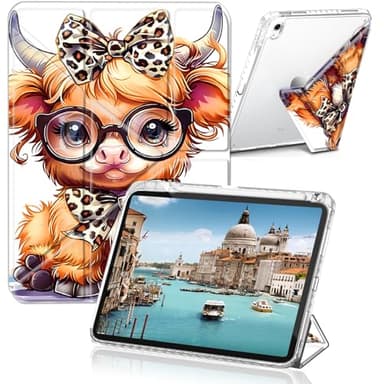 FDHHKJUKO Case for Samsung Galaxy Tab A11+ Plus 2025/A9+ Plus 11 inch 2023, Clear Back Cover Y Shape Stand Multi-Angle Stand with Auto Wake Slee ,Highland Cow Cute Leopard Bow Baby Cow