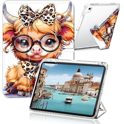 FDHHKJUKO Case for Samsung Galaxy Tab A11+ Plus 2025/A9+ Plus 11 inch 2023, Clear Back Cover Y Shape Stand Multi-Angle Stand with Auto Wake Slee ,Highland Cow Cute Leopard Bow Baby Cow