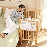 Wood Baby Bassinets Bedside Sleeper, Portable 3-in-1 Baby Bassinet with Breathable Mattress, 6 Heights Baby Crib with Storage Basket, Mini Crib with Wheels for Infant Newborn and Small Space, Natural
