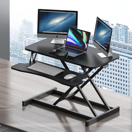 Hassyee 32 Inch Standing Desk Converter, Height Adjustable Sit To Stand Riser with Dual Monitor, Laptop Workstation with Wide Keyboard Tray (Black)