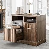 Perledesign 3 Drawer File Cabinet, Fluted Wood Lateral Filing Cabinet with Charging Station for Home Office, Fits for A4/Letter-Sized Files, Printer Stand with Open Storage Shelves, Black Walnut