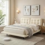 QVUUOU Queen Size Upholstered Floating Bed Frame with LED Lights, PU Leather Platform Bed with Button-Tufted Headboard - Easy Assembly, No Box Spring Needed, White