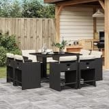 NKOPPFG 9 Piece Outdoor Dining Set Black with Cushions, PE Rattan Patio Furniture Set with Foldable Chairs and Tempered Glass Table