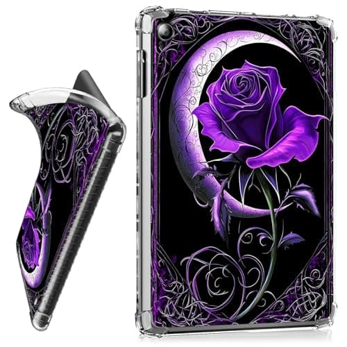 RWUTYTIUL for Amazon Kindle Fire HD 8 & 8 Plus (12th/10th Generation, 2024/2022/2020) Clear Tablet Case, Transparent Shockproof Protective Shell Lightweight TPU Accessories Cover, Purple Moon Rose