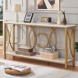 HOMISSUE Sofa Console Table, Modern Gold Console Table with Faux Marbled Tabletop, Engineered Wood Entryway Tables with 2 Tier Storage, Narrow Sofa Table for Living Room, Hallway (55 Inch, White&Gold)