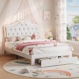 Garvee Full Size Bed Frame with LED Lights & Velvet Crystal Button Headboard, Upholstered Boy/Girl Platform Bed with Storage Drawer, Noise Free, No Box Spring Needed for Kids, Teens, Beige