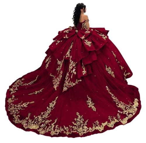 Ftupza Gold Lace Appliques Quinceanera Dresses Burgundy Deep Ball Gown with Train Beaded Tassel Sweet 16 Dress Puffy Tulle Party Gown 12