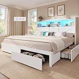 DICTAC California King Bed Frame with 6 Storage Drawers, Farmhouse Bed Frame with Bookcase Headboard, LED Lights & Charging Station, Wood Platform Bed with Metal Slats Support, No Box Spring Needed