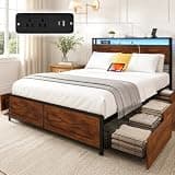 Zevemomo Full Bed Frame with Storage, Full Size Bed Frame with Headboard, Built-in Charging Station USB Ports & Outlets, Platform Full Bed with LED Light, 6 Storage Drawers/Metal Frame/Wooden Board