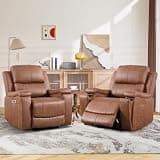 CANMOV Electric Power Recliner Chair Set of 2,Faux Leather Recliner Chair with Overstuffed Arms and Back,Power Recliner Sofas with Concealed Cup Holders, Brown