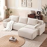 GRUSIGN 118'' Sectional Boneless Oversize Modular Couches, Curved Cloud Sectional Couches for Living Room,Rounded Corner Design L Shape Deep Seat Family Sofa with Ottoman & 3 Throw Pillows, Beige