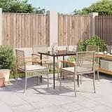 NKOPPFG 5 Piece Beige Poly Rattan Patio Dining Set with Glass Tabletop and Cushions