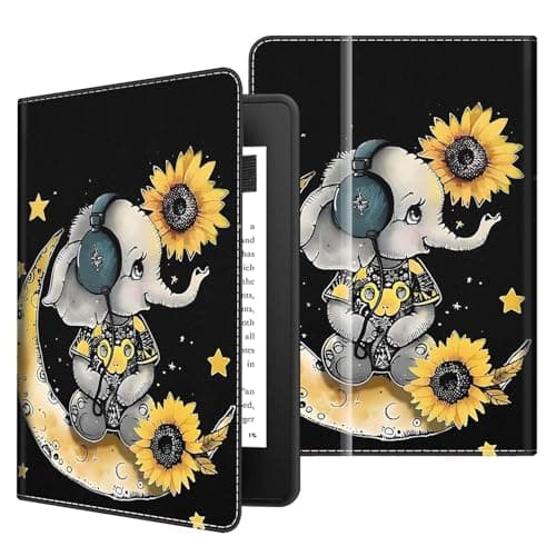 Case for 7" All-New Kindle Paperwhite 12th Gen 2024 & Kindle Colorsoft Signature Edition (2024 Release), PU Leather Folio Cover with Auto Wake/Sleep, Cute Baby Elephant and Sunflower Moon