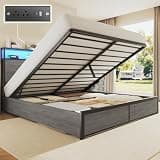 Lifezone Queen Size Lift Up Storage Bed Frame with 2-Tier Storage Headboard, Metal Platform Bed Frame with Charging Station & LED Light, Hydraulic Support, No Box Spring Needed/Noise Free, Rustic Grey