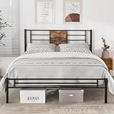 VECELO Queen Size Bed Frame with Headboard, Heavy-Duty Platform with Metal Slats Support, No Box Spring Needed/Easy Assembly, Black