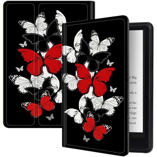 Red Black White Butterflies Case for All-New Kindle Fire HD 8 and Fire HD 8 Plus Tablet (2024/2022/2020 Released 14th/12th/10th Gen), PU Leather Folding Stand Slim Case with Auto Sleep/Wake