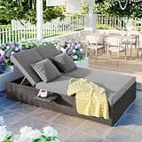 Calivox Double Sunbed, Gray Outdoor Wicker Rattan Patio Sun Lounger Set Reclining Chaise Lounge Chairs with Adjustable Backrest and Seat for 2 Person Poolside Garden